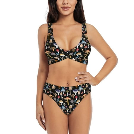 Bathing Suit For Women  Mushrooms And Autumn Leaves High Waisted Bikini Set Bathing Suit Cross Lace Up Swimsuit