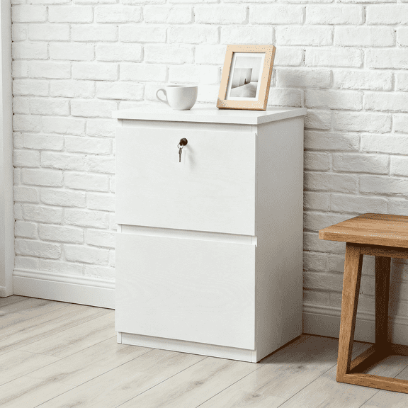 KOWO 2 Drawer Vertical Wooden File Cabinet with Lock, Accommodate A4 Letter and Legal Size File, White