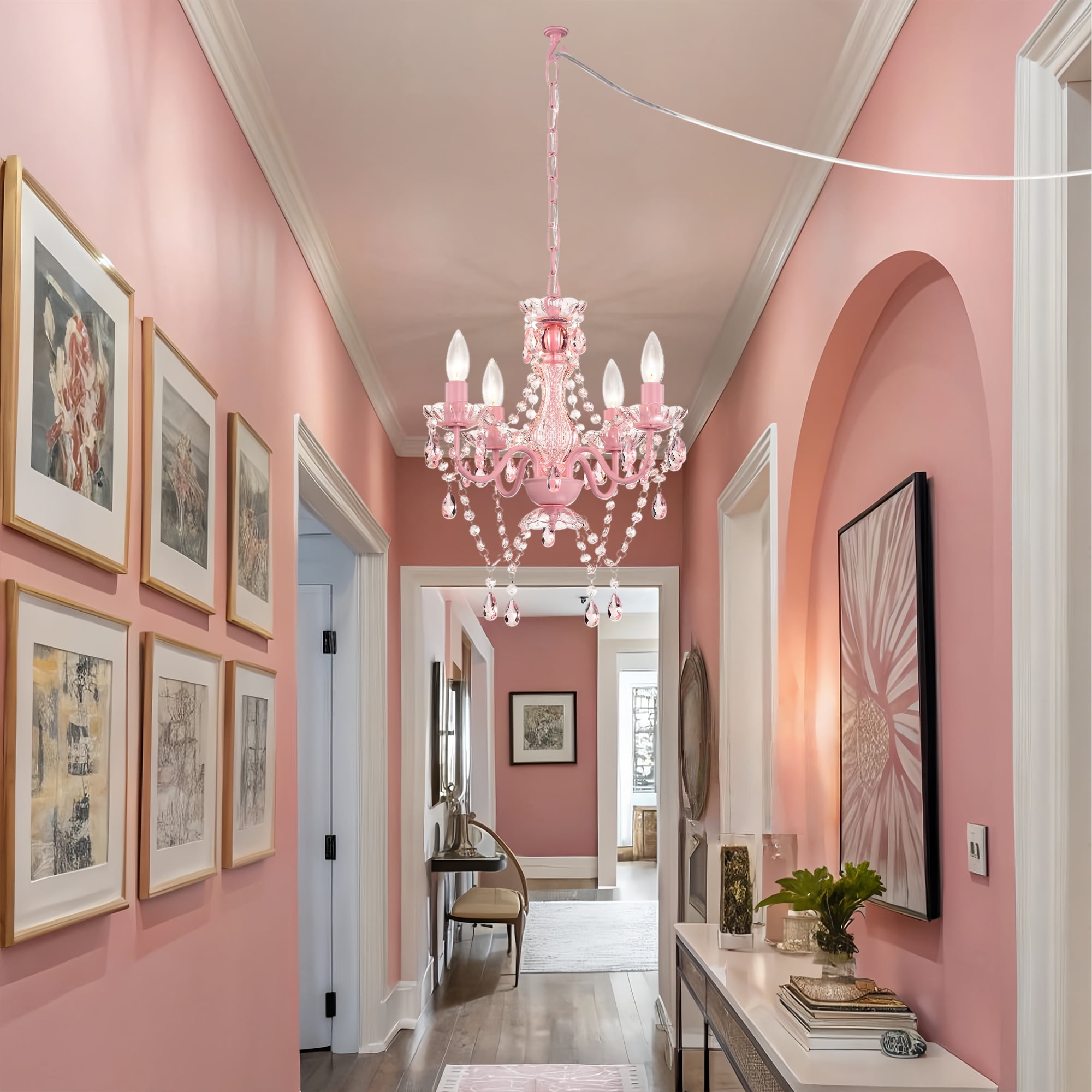 LALULA Modern Pink Finish Plug-In Crystal Chandelier 5-Light Acrylic Hanging Light Fixture with Cord for Bedroom Dining Room