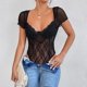 thumbnail image 4 of Mujeres Encaje malla bodysuit V Masajeadores de cuello manga corta ver a través de una pieza adelgazamiento bodysuit para fiestas clubes fechas s negro, 4 of 8
