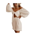 thumbnail image 5 of Franhais Women Casual Suit, Solid Color Off-Shoulder Long Sleeve Crop Tops+Ruffle Loose Short Pants, 5 of 8