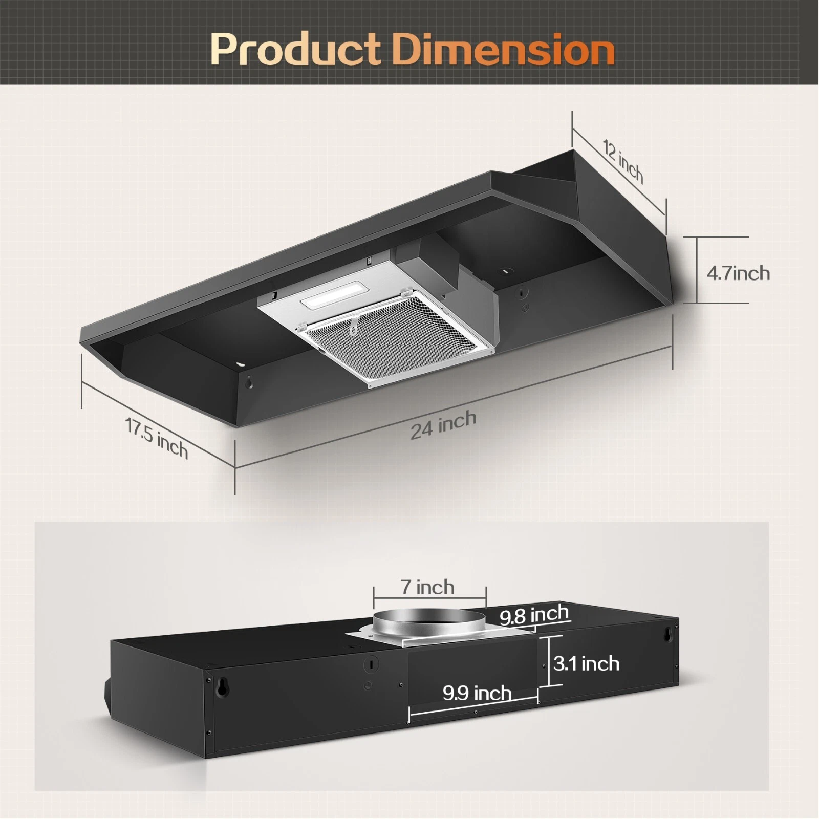 24 inch Under Cabinet Range Hood 2-Speed 280CFM Kitchen Vent Aluminum Grease Filter Effective LED Light Black Stainless Steel
