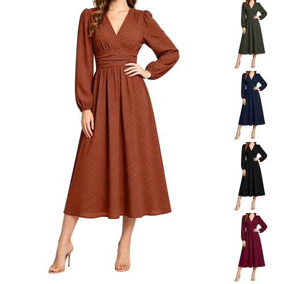 qafoshin Womens Polka Midi Dresses Elegant Long Sleeve V Neck Flowy Dress Vintage Fall Trendy Dress
