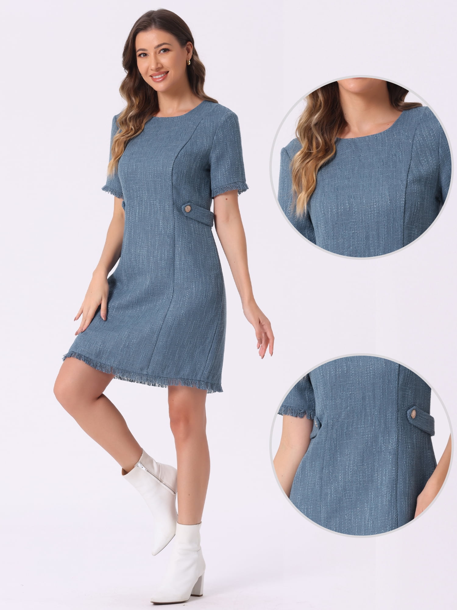 DARING DIVA Tweed Sweater Elegant Casual Knit Dress M Blue