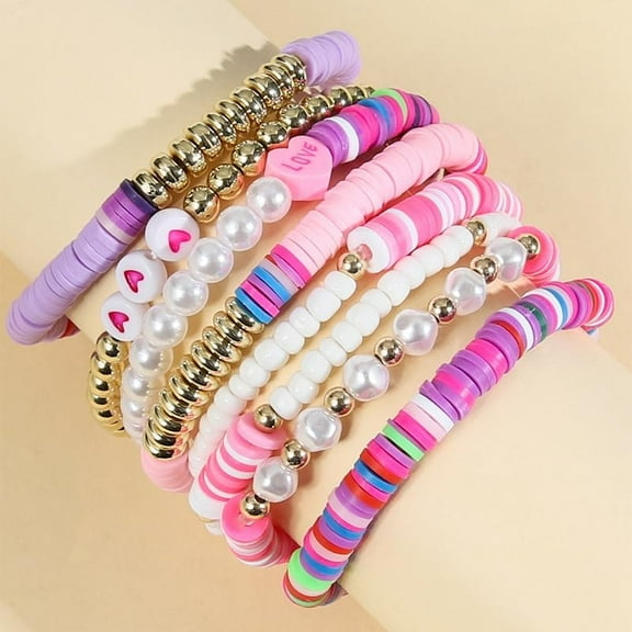 8Pcs 8 Style Imitation Pearl Word Love Beaded Stretch Bracelets Set Polymer Clay Preppy Bracelets for Valentine's Day Pink 6-3/4 inch(17cm)