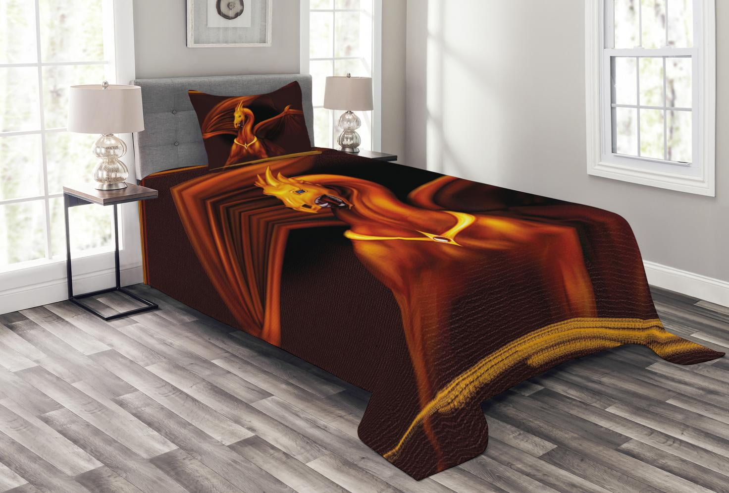 Dragon Bedspread Set, Legandary Tricorn Dragon on Dark Background