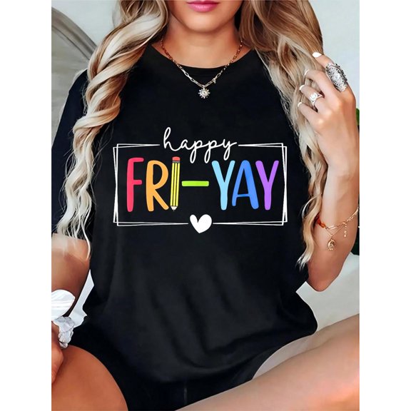 Women's Happy Fri-YAY T-Shirt Colorful Fri-Yay Lettering With Pencil Graphic & White Heart Casual Friday Outfit For Work School