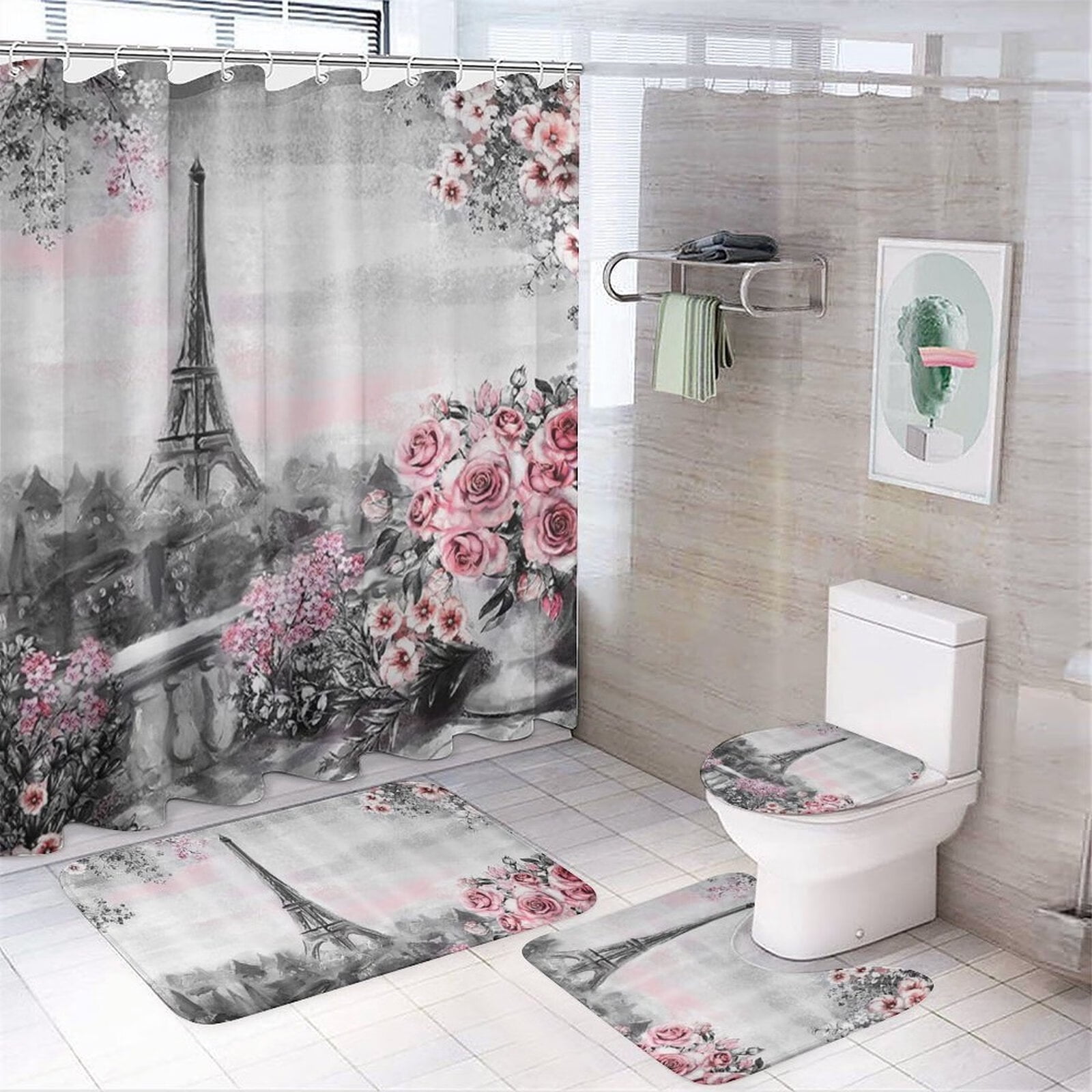 4Pcs Paris Eiffel Tower Pink Shower Curtain Sets Bathroom Set Decor