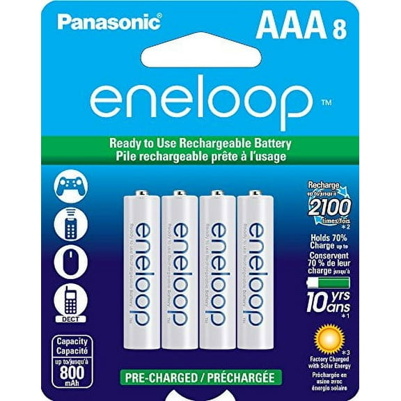 Panasonic BK-4MCCA8BA Eneloop AAA 2100 Cycle Ni-MH Pre-Charged Rechargeable Batteries (Pack of 8)