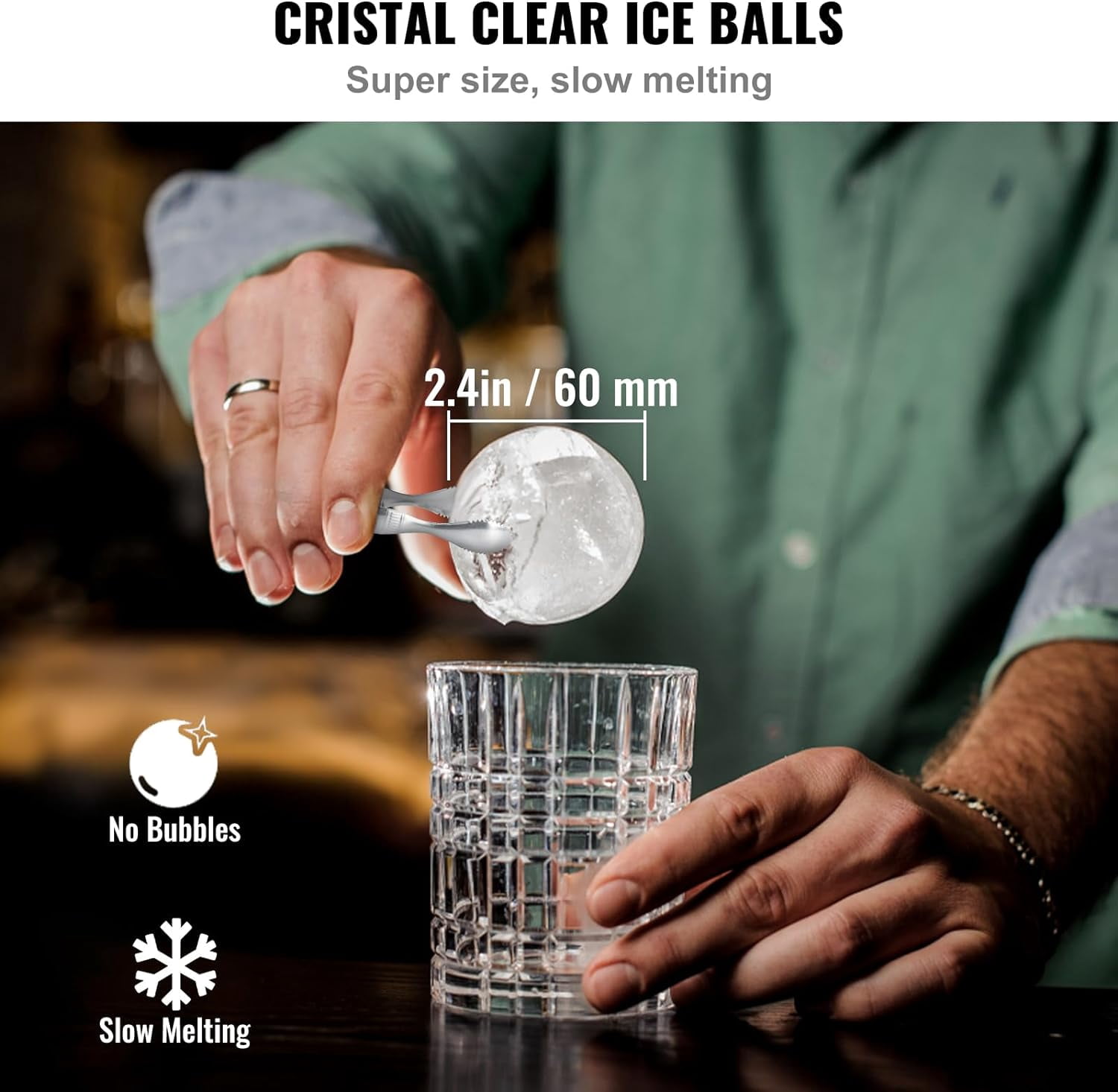 Ice Ball Maker, 2 Cavity Crystal Clear Ice Ball Maker 2.36inch Ice Sphere Maker with Storage Bag and Ice Clamp, Round Clear Ice Cube Sphere Tray for Whiskey Scotch Cocktail Brandy Bourbon