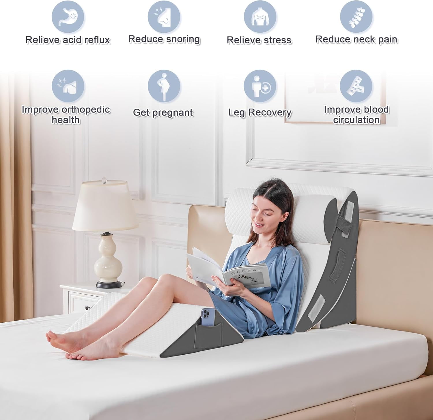 4-Piece Orthopedic Bed Wedge Pillow Set for Sleeping, Post-Surgery Foam Support for Body, Back and Leg Pain Relief, Adjustable Triangle Pillow for Acid Reflux, Anti-Snoring & GERD