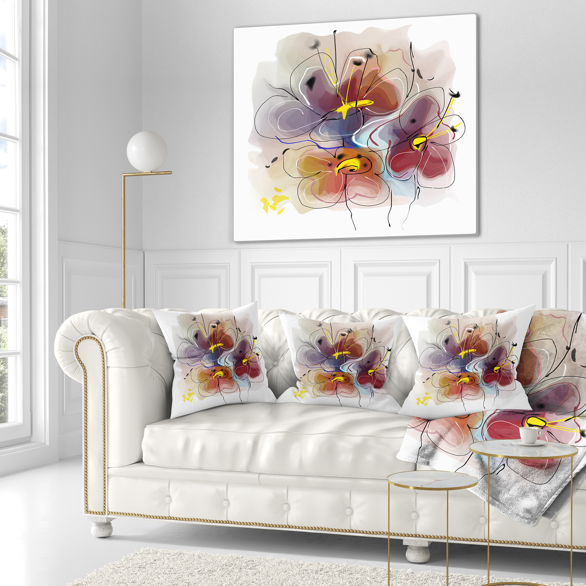Designart Brown Blue Flower Illustration Art - Floral Throw Pillow - 18x18