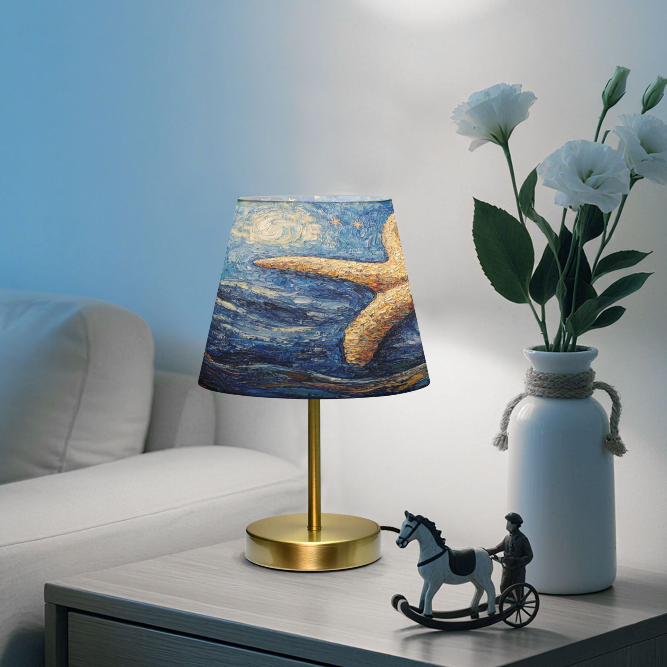 Wobogo Giant Starfish Oil Painting Table Lamps Three-channel Adjustable Lighted Antique Brass Metal Base Simple Modern Style for Bedroom Nightstands Living Room and Office