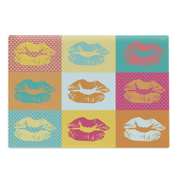 Modern Cutting Board, Woman Lips on Polka Dots Background in Various Frames Fashion Kiss Love Design, Decorative Tempered Glass Cutting and Serving Board, Large Size, Multicolor, by Ambesonne