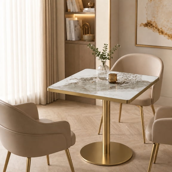 Miniyam 31.5 in Square Dining Table, Glossy Marble-Look Small Kitchen Table with Titanium Gold Feet, Cloud Gray Vein