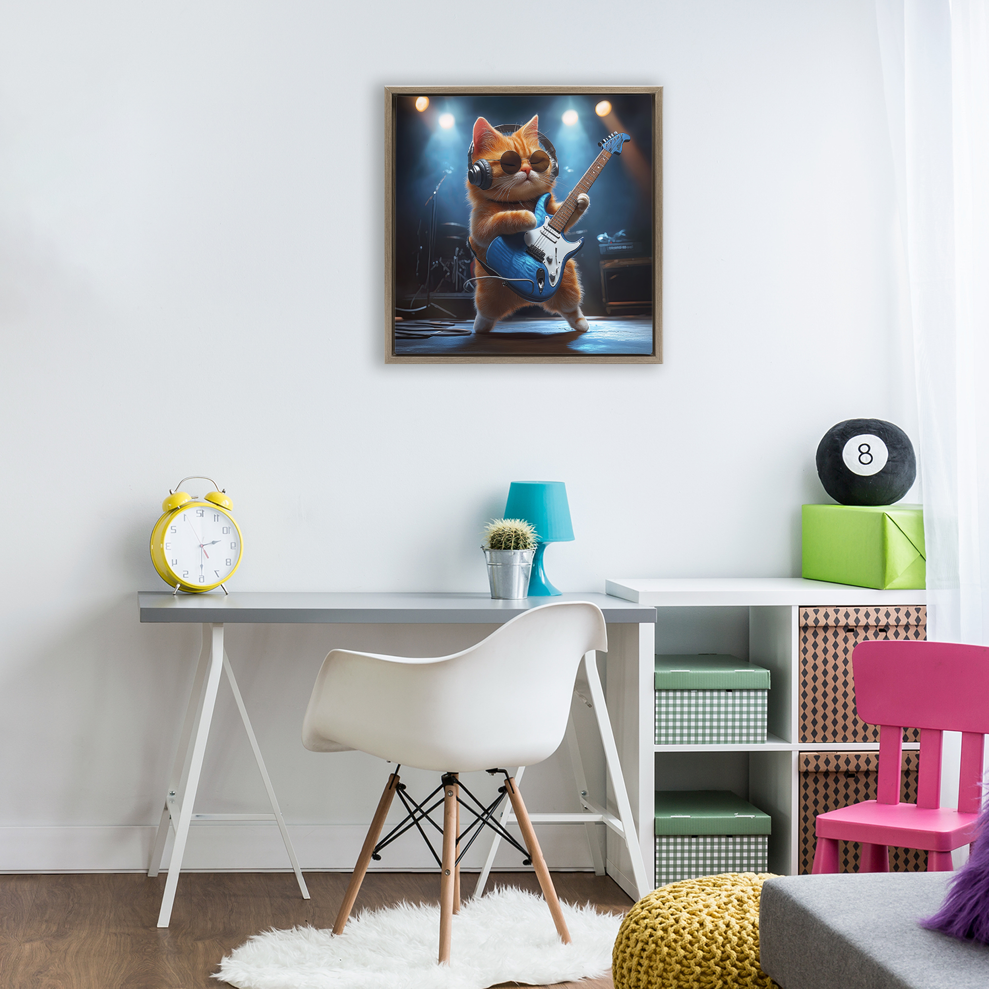 Cat Guitarist in Band Brown Framed Floater Canvas Wall Art, design by Jim Baldwin