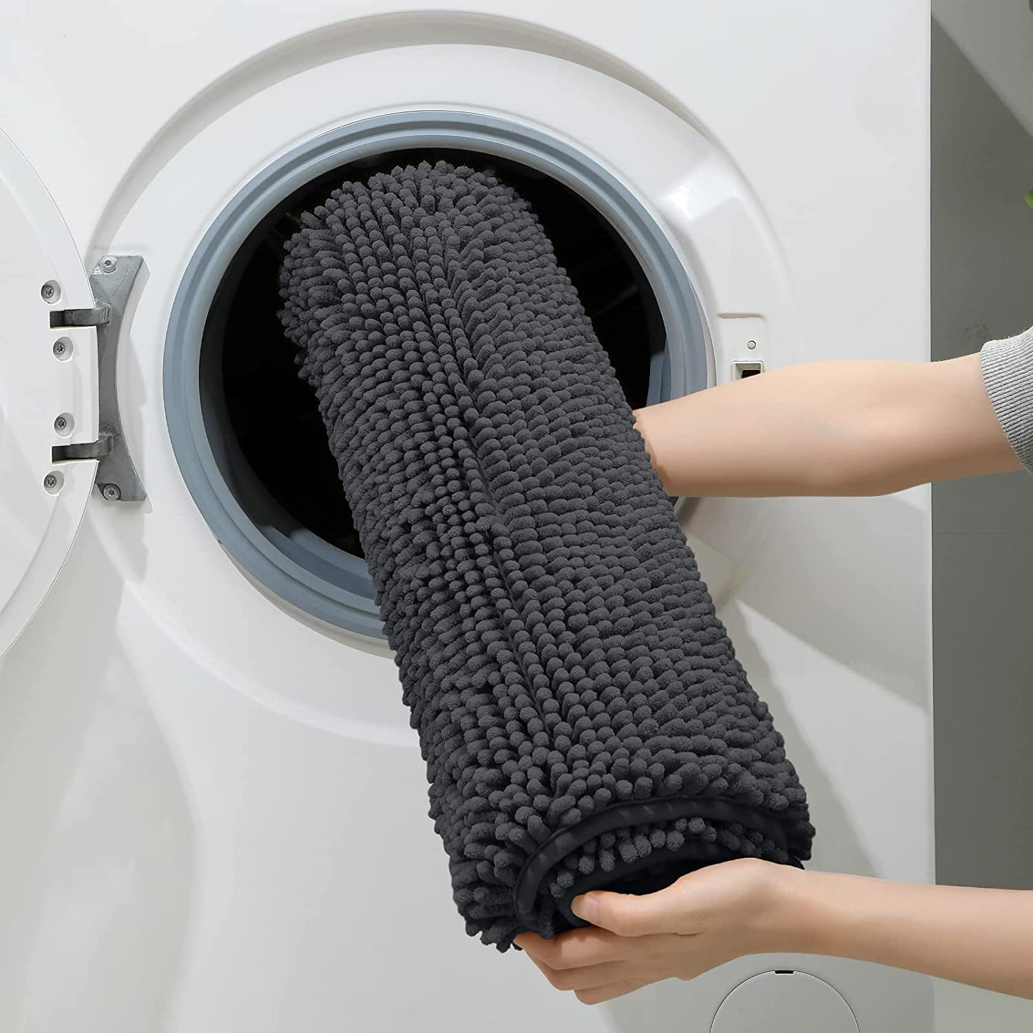 3 Pieces Bathroom Rugs, Ultra Soft Non Slip Absorbent Chenille Toilet Bath Mat Set (Charcoal/Dark Grey)