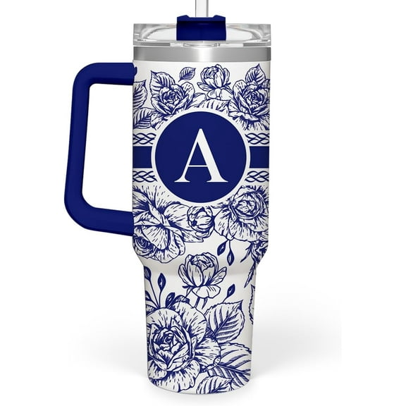 Personalized Tumbler with Handle 40oz, Monogrammed Tumbler with Letter A, Initial Gifts for Women Girls, Insulated Coffee Cup with Straw, Custom Gift for Birthday Christmas Mothers Day