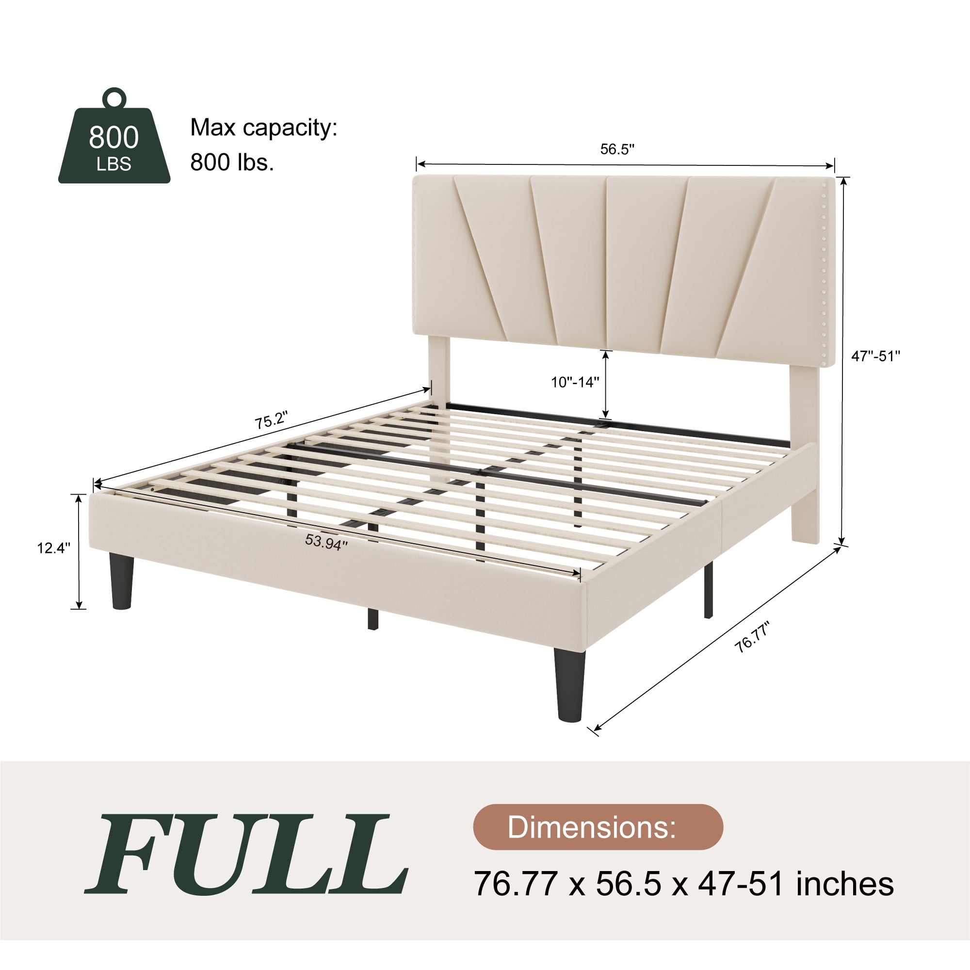 Amolife Full Size Platform Bed Frame with Adjustable Velvet Upholstered Headboard, Cream