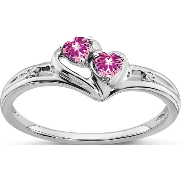 14K White Gold Created Pink Sapphire And Diamond 2-Stone Heart Ringsize 7 (Width 1.2 To 3.1) - Jbsp