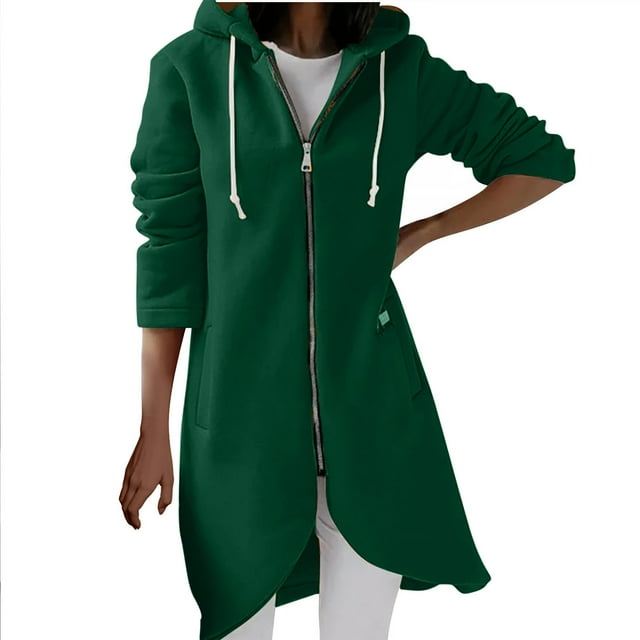 Mgmyaa Veste Longue à Capuche pour Femmes Grande Taille Fermeture Éclair Manches Longues Décontractée avec Poches