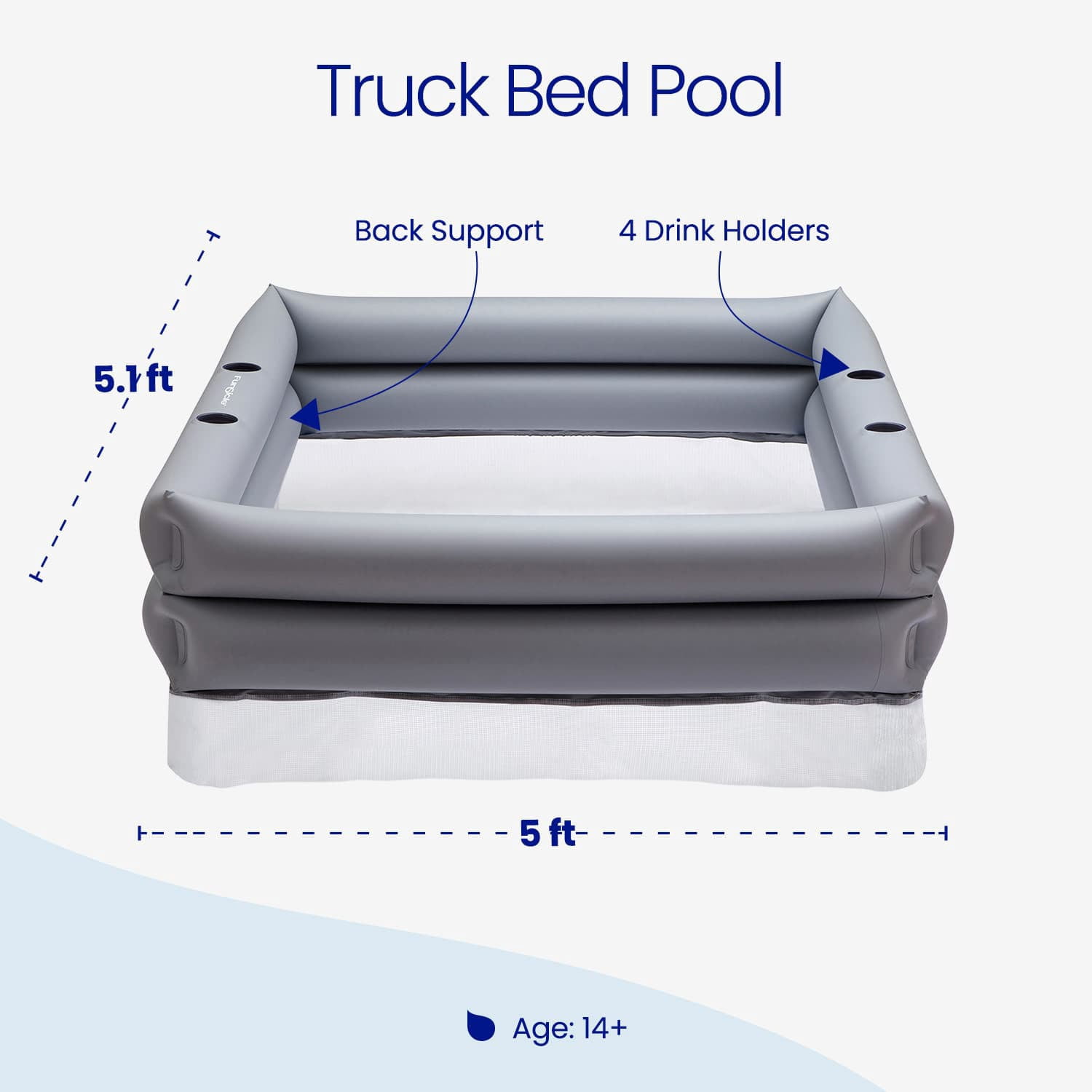 Funsicle Truck Bed Inflatable Pool, 66" x 62"  x 21", For Standard Pick-ups, Age 14 & up