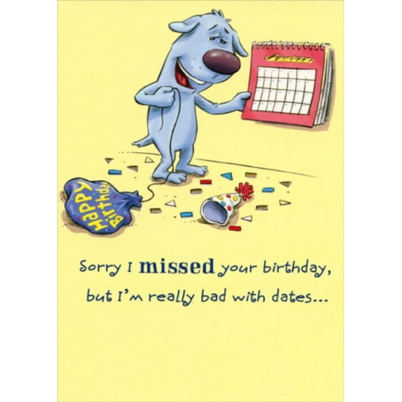 Designer Greetings Purple Dog and Calendar : Bad with Dates Funny / Humorous Belated Birthday Card