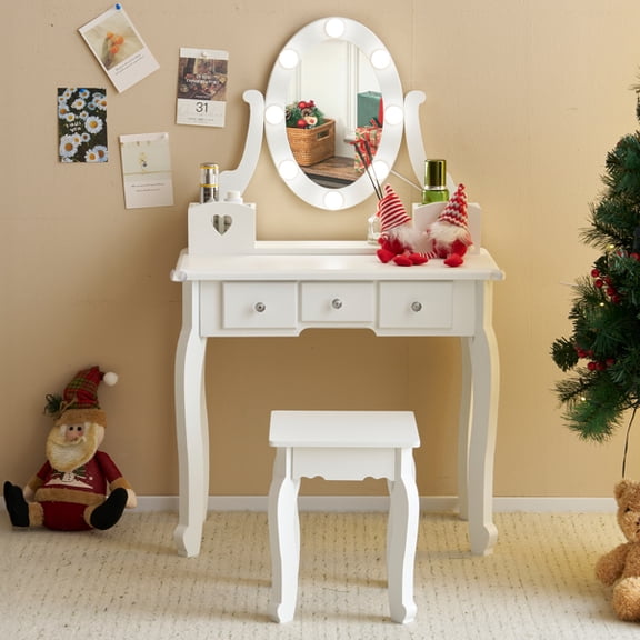 Kids Vanity Set with Mirror and Lights and Stool, 5 Storage Drawers, Pretend Play Princess Makeup Desk Dressing Table and Stool Set for Little Girls Age 3 , Macaroon White