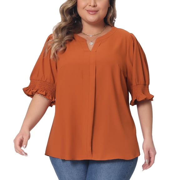DARING DIVA Women's Plus Top Notched V Neck Puff Blouse Tops 1X Orange