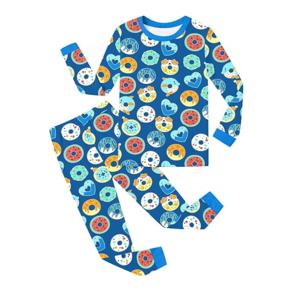 SonxaHe Toddler Boy's Outfits Long Sleeve Donut Print Tshirt Pants Active Sleepwear Cozy Nightwear Outfit Set for Children Blue,Size 2-3 Y