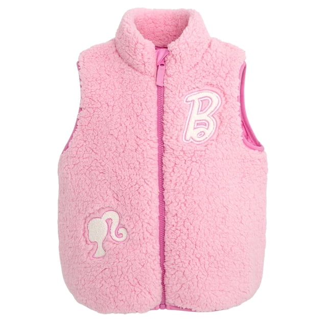 Chaleco Barbie para niñas pequeñas con piel de oveja sintética con cremallera, color rosa, talla 5