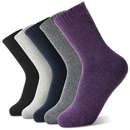 Merino Wool Socks for Women Hiking Warm Winter Thick Boot Thermal Cozy Crew Work Soft Ladies Socks Gift 5 Pack Stocking Stuffers( Purple/Blue/Black/Grey/Dull Grey)