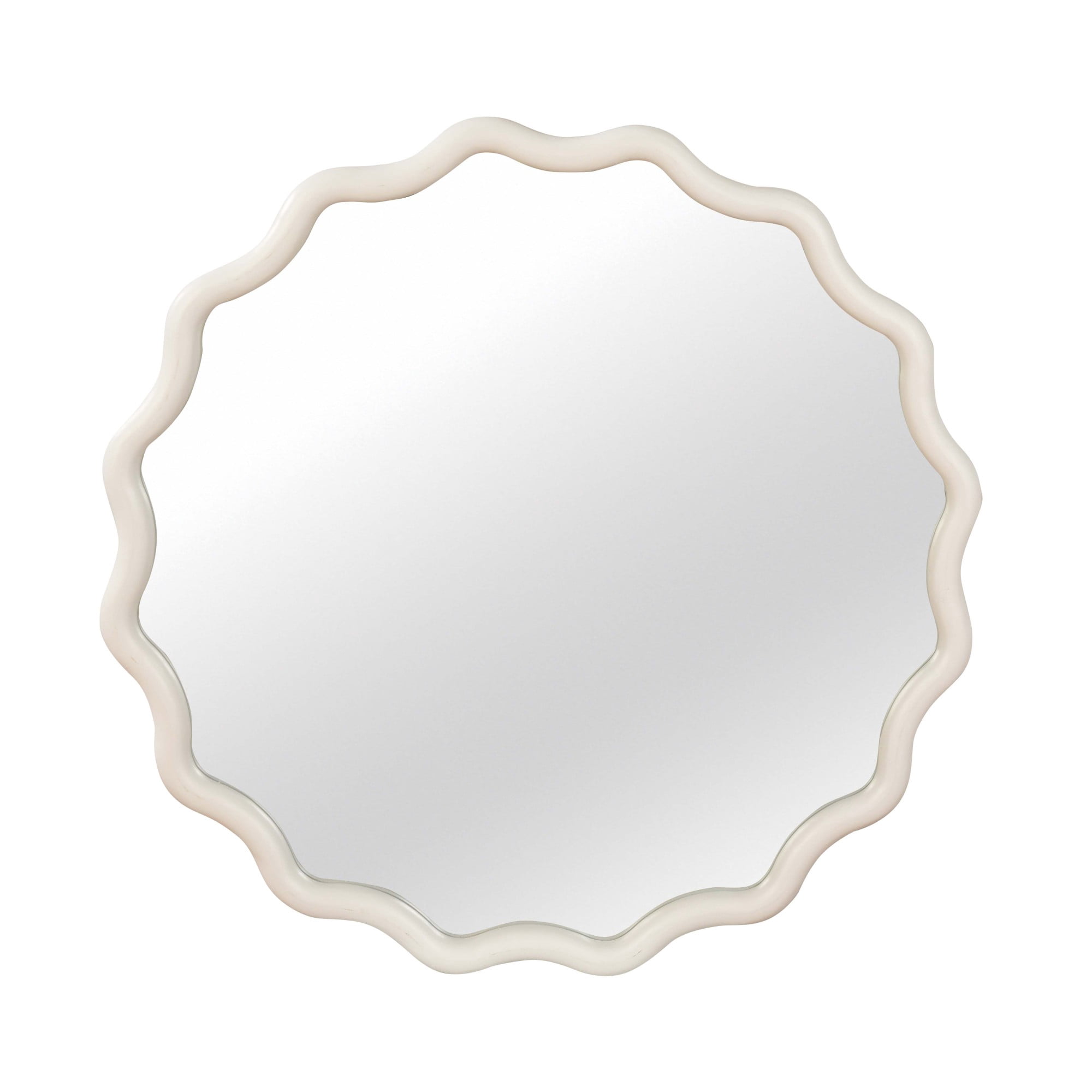 Leumius 30" Wavy Round Mirror, Solid Wood Frame Decorative Mirror for Bedroom Bathroom Living Room Entryway White