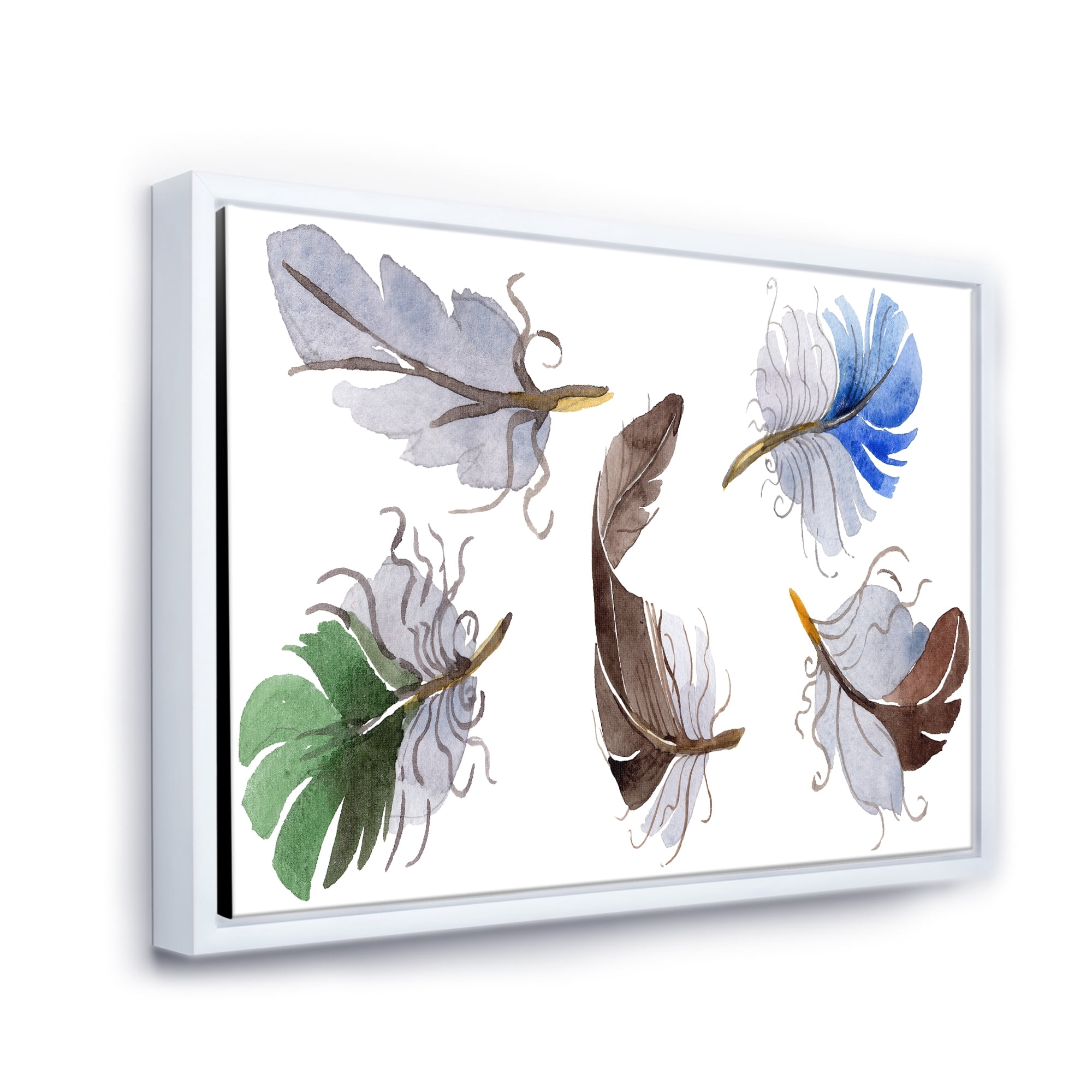 Designart 'Colourful Boho Feather Set On White IV' Bohemian & Eclectic Framed Canvas Wall Art Print