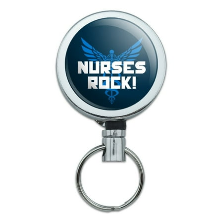 - Nurses Rock RN Caduceus Staff of Hermes Heavy Duty Metal Retractable Reel ID Badge Key Card Tag Holder with Belt Clip