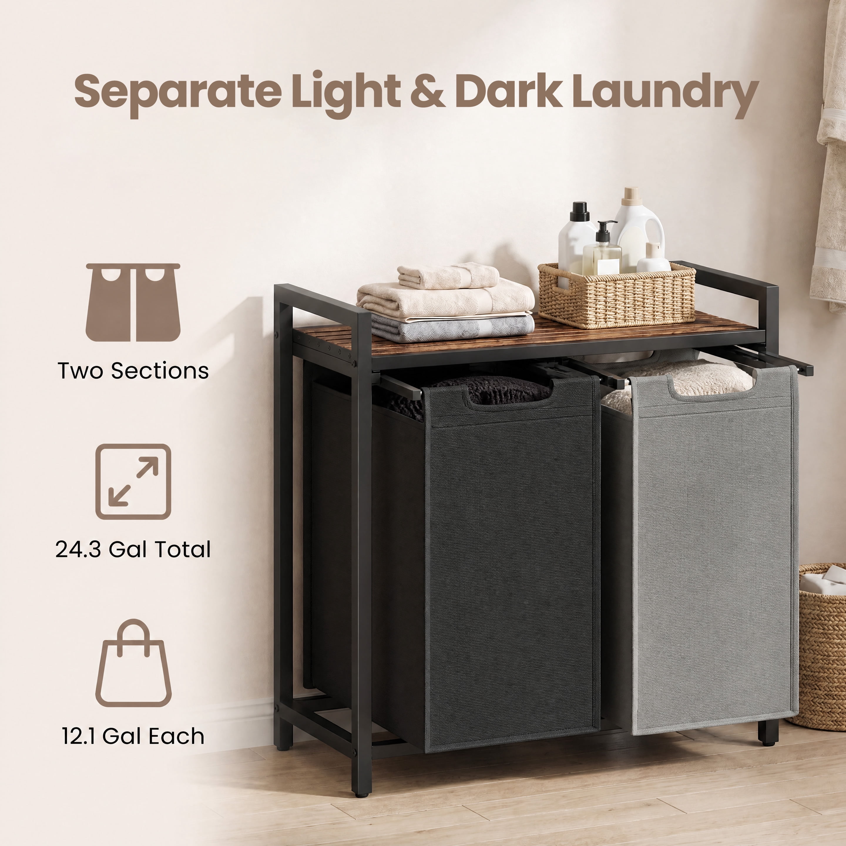 Ledrem 2-Compartment Laundry Hamper with Removable Bags & Storage Shelf, Rustic Brown/Charcoal Grey