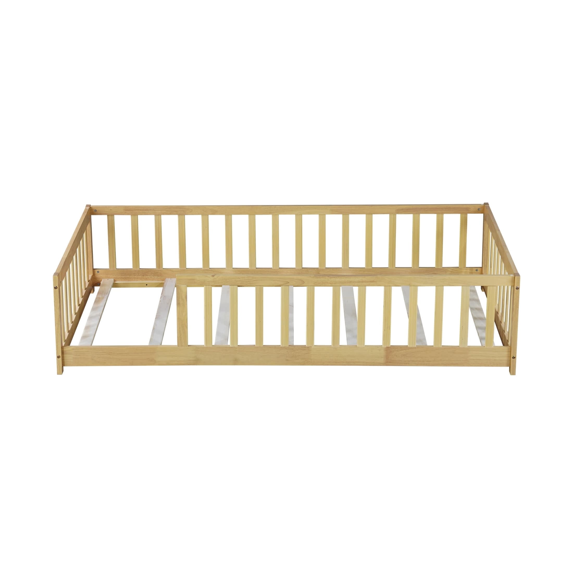 Noble House Nira Twin Size Floor Bed with High Fence, Sturdy Rubber Wood Montessori Bed, Kid's Room, Natural
