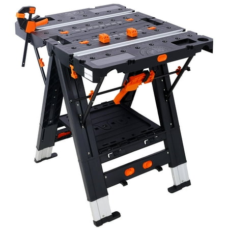 2-in-1 Folding Work Table & Sawhorse, 31" W x 25" D x 28" H Easy Setup Portable Workbench, Lightweight Worktable with Heavy-Duty Load Capacity, Includes 2 Clamps & 4 Clamp Dogs