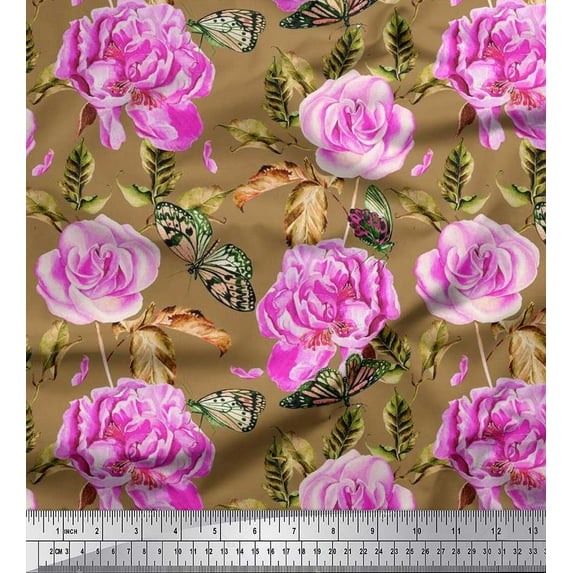 Soimoi Cotton Duck Fabric Buttefly,Leaves & Rose Floral Decor Fabric Printed Yard 42 Inch Wide