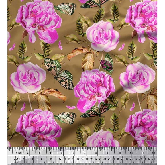 Soimoi Cotton Duck Fabric Buttefly,Leaves & Rose Floral Decor Fabric Printed Yard 42 Inch Wide
