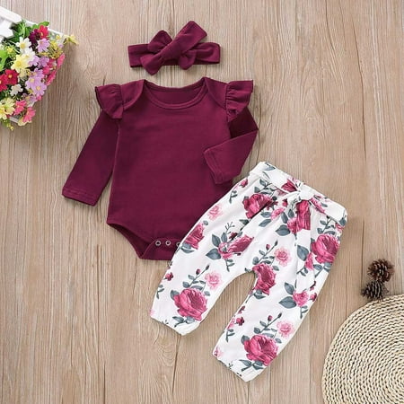 

Fidelma Boys Outfits&Set Toddler Baby Girls Long Sleeves Romper Tops+Floral Pants+Headbands Set Outfits Wine-70