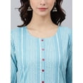 thumbnail image 5 of Janasya Indian Round Neck 3/4 Sleeve Striped Blue Cotton Kurta For Women, 5 of 5