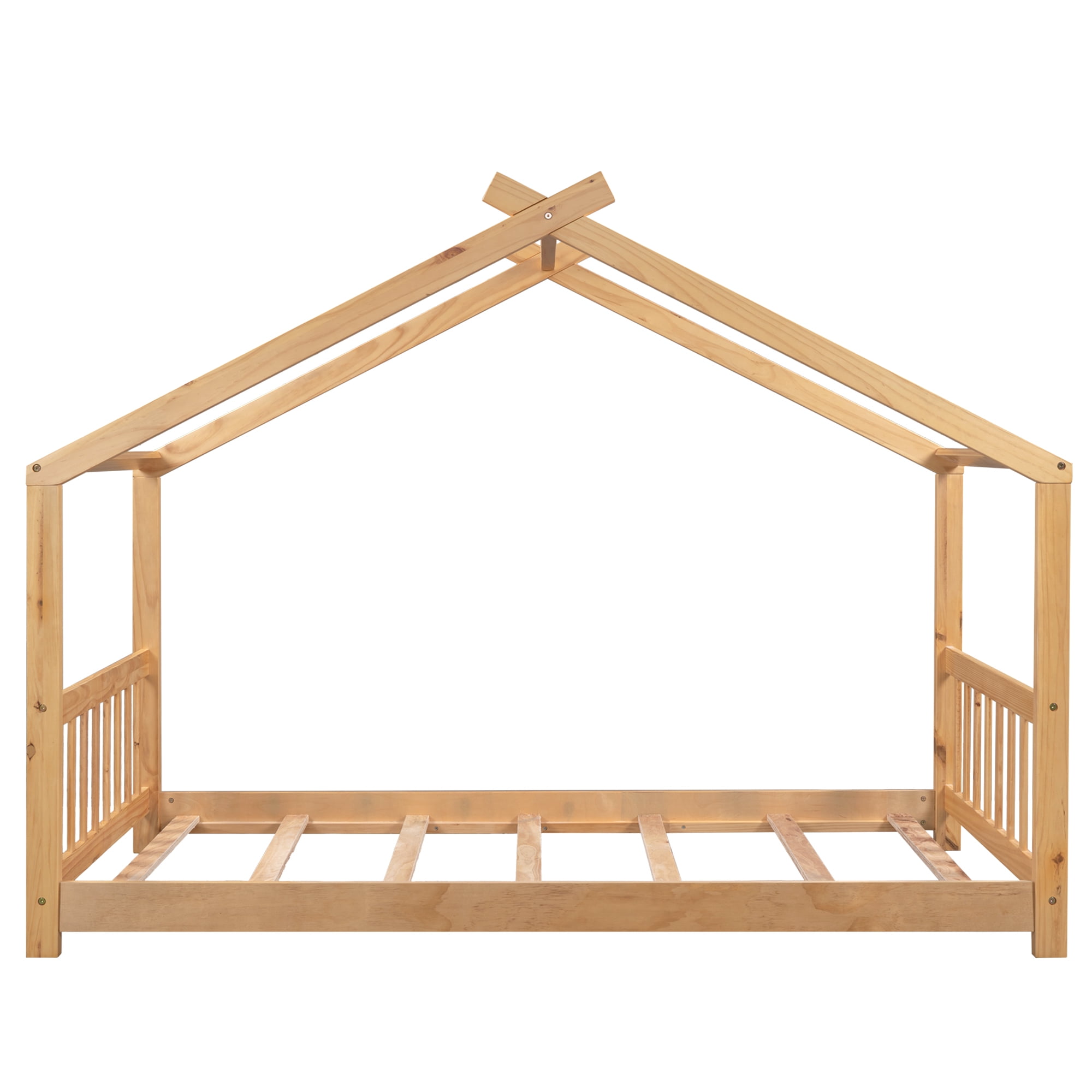 imerelez Twin Size House Platform Bed with Headboard and Footboard,Roof Design,Natural
