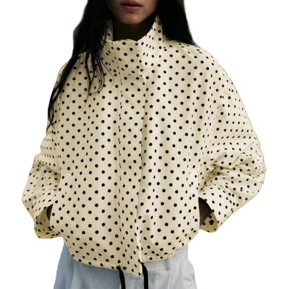 Women's Casual Polka Dot Pocket Short Jacket, A Stylish and Practical Outerwear for Everyday Use,Beige,L