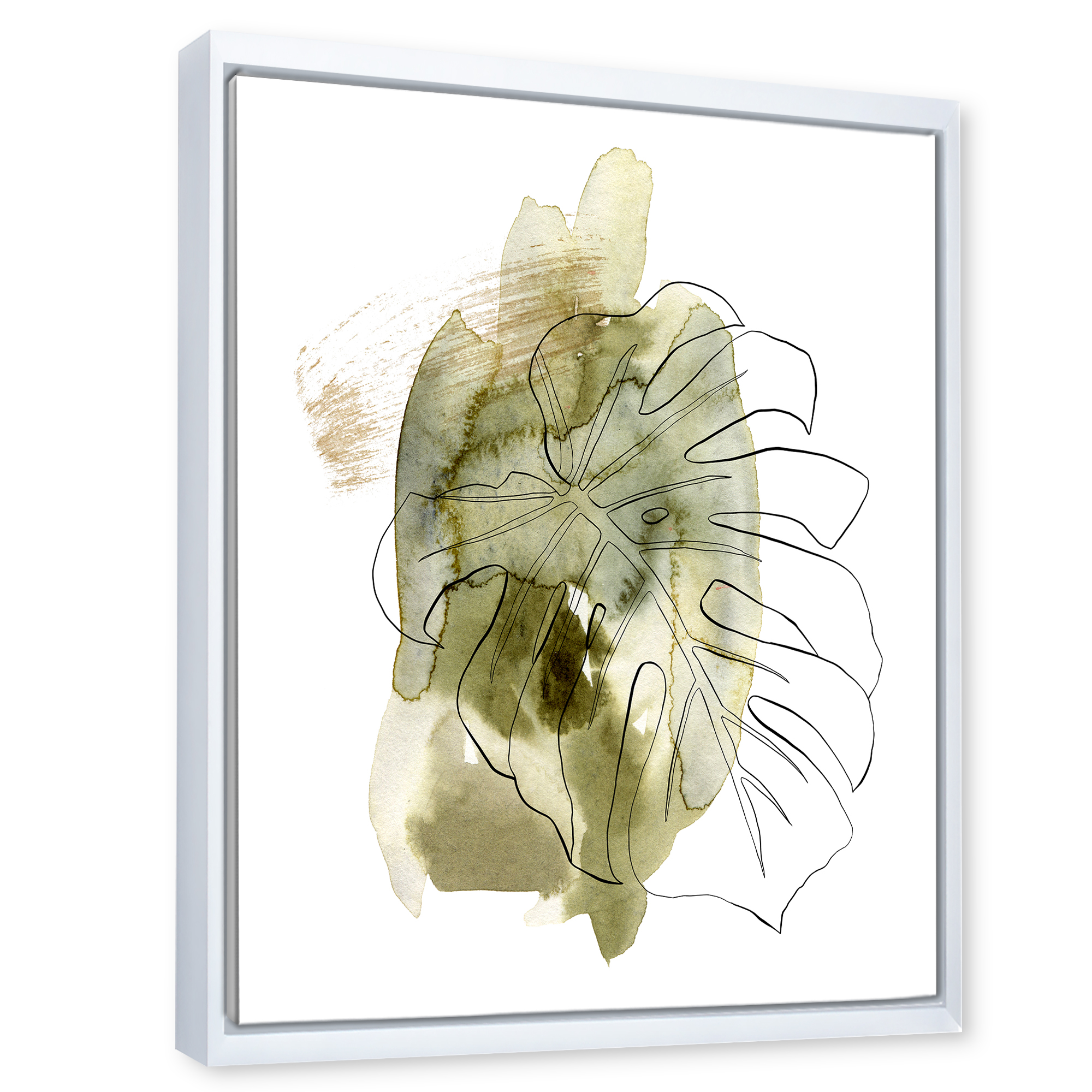 Designart 'Line Art Monstera Branch Tropical Abstract Leaves on Green' Traditional Framed Canvas Wall Art Print