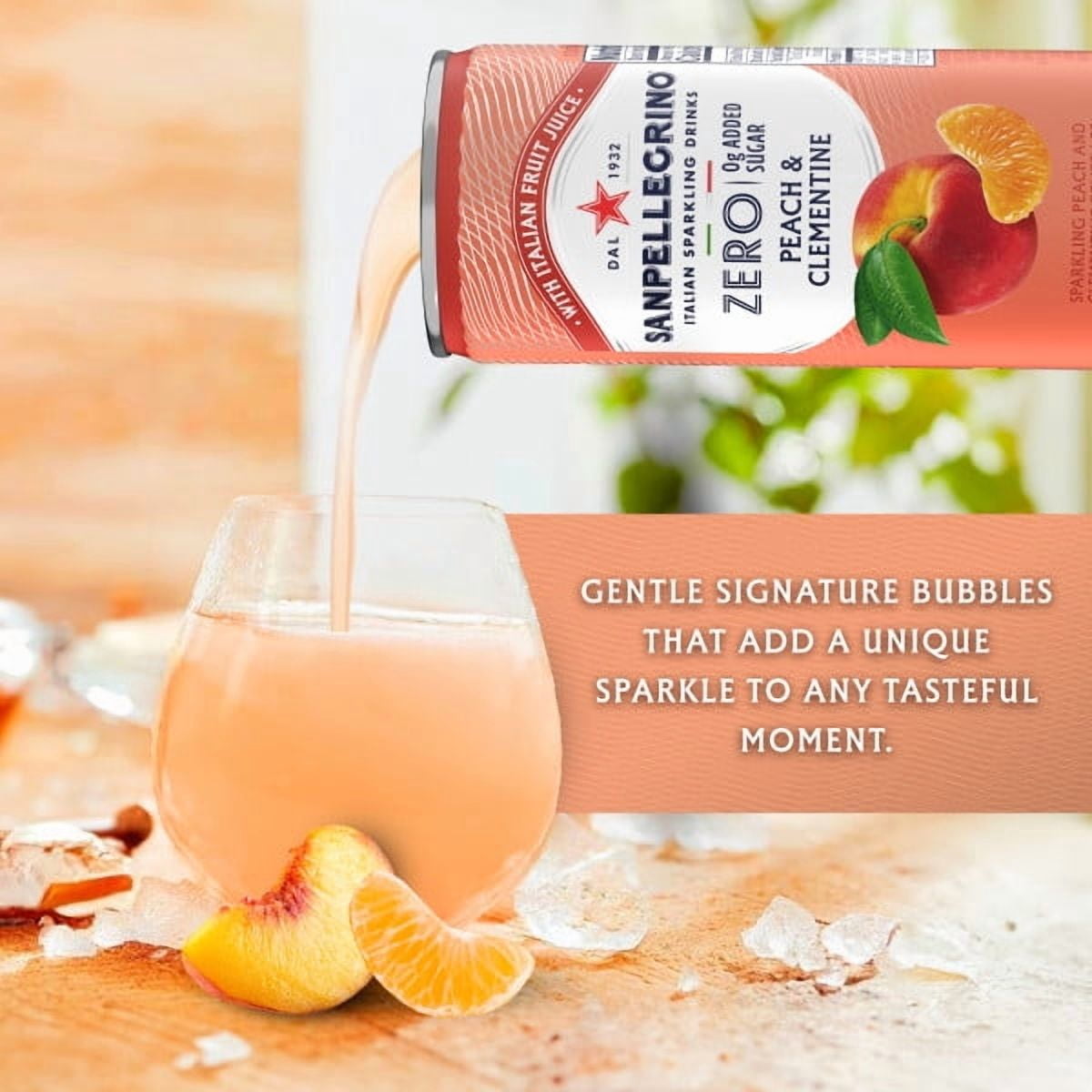 SanPellegrino Soda Italiana Peach and Celmintine, Low Calorie Zero Added Sugar, 6 Pack Cans