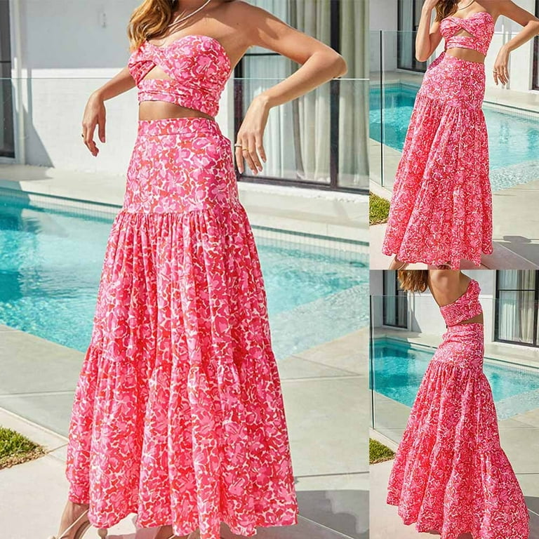 ALSLIAO Pink Floral Ladies Skirt Set Cutout 2 Piece Outfits Print Tube Top Skirt Set Pink 3XL