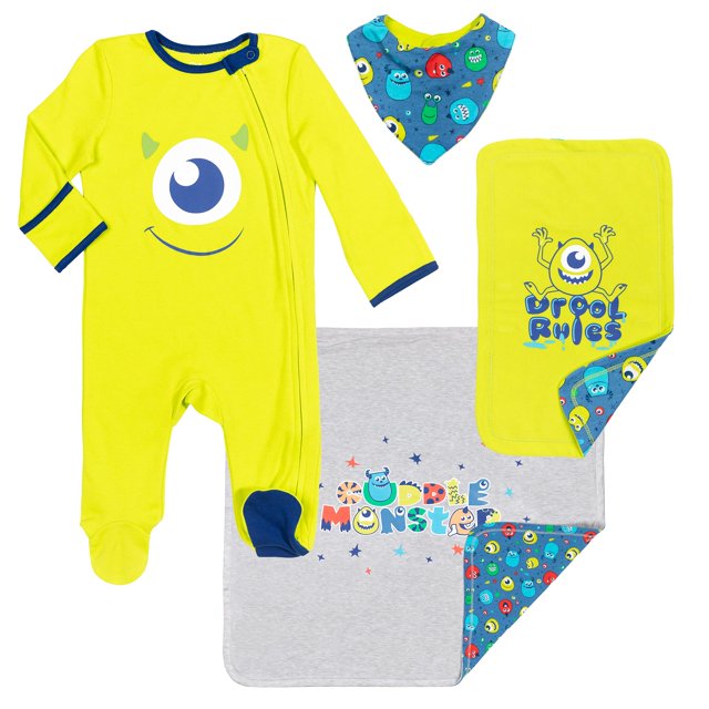 Juego de 4 piezas de Disney Pixar Monsters Inc. Mike: babero Sleep N' Play, manta para eructos, de 0 a 6 meses