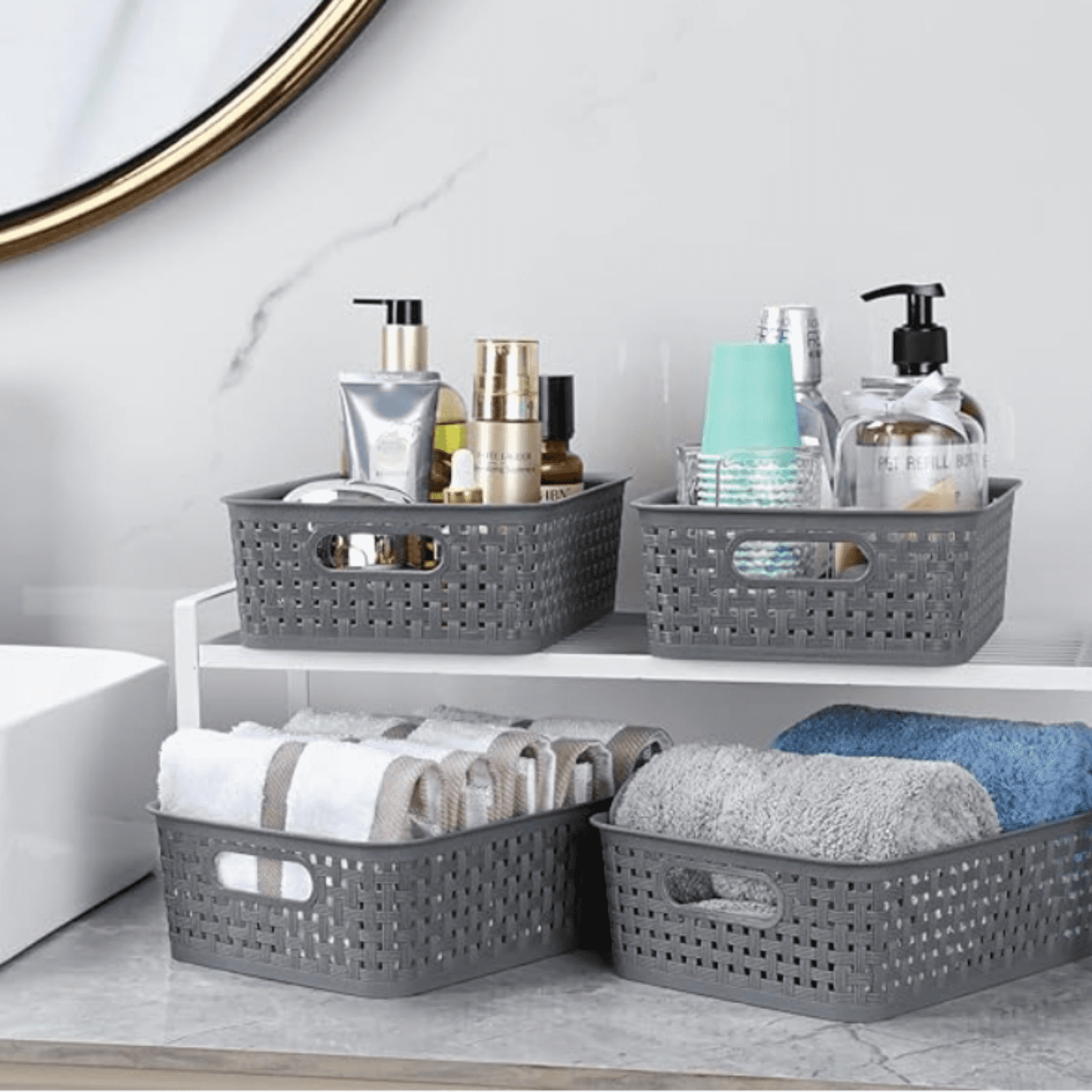 [ 12 Pack ] Plastic Storage Baskets - Small Pantry Organization and Storage Bins - Household Organizers for Laundry Room, Bathrooms, Bedrooms, Kitchens, Cabinets, Countertops, Under Sink or On Shelve