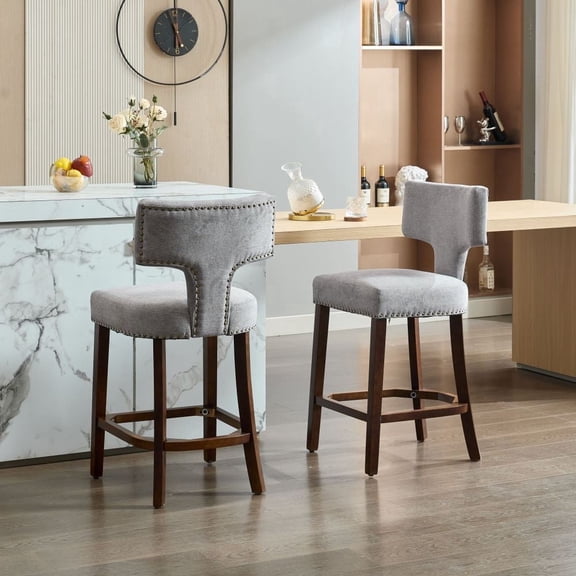 Adult Curved Backrest Linen Fabric Upholstered and Copper Nails Counter Height Bar Stools - Set of 2, Gray